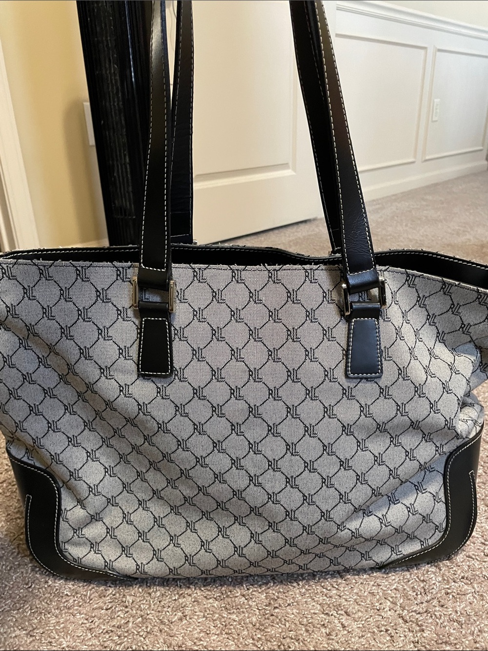 Lauren Ralph Lauren Gray Monogram Tote with Black Trim
